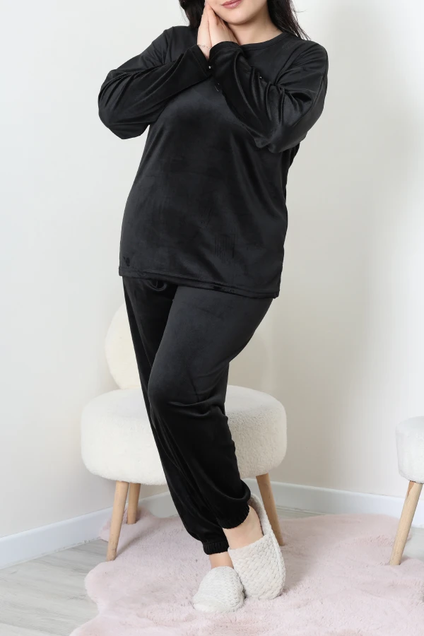 Fransız Kadife Büyük Beden Pijama Takımı Siyah 4