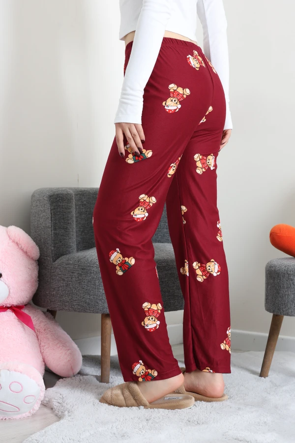 Desenli Süet Pijama Altı Bordoayı 7