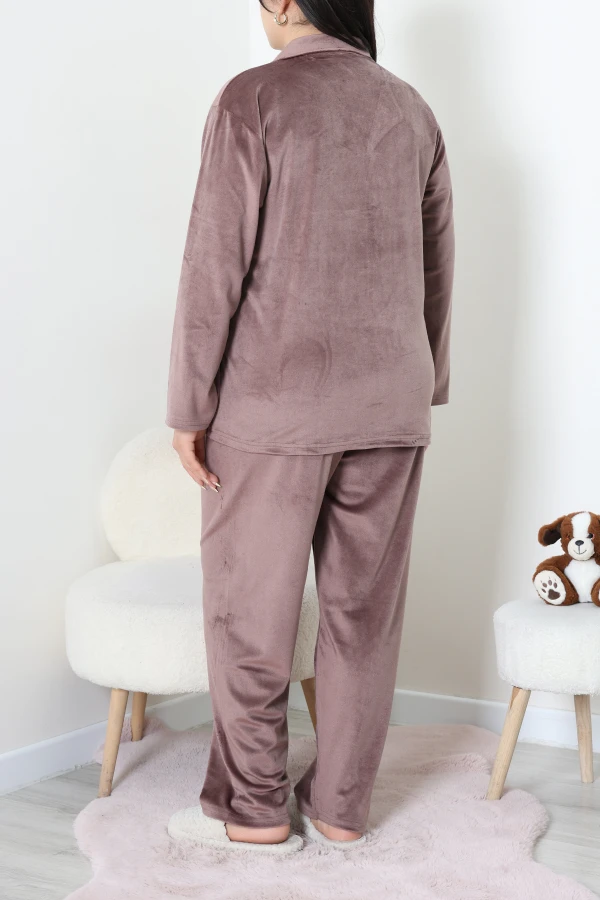 Fransız Kadife Büyük Beden Düğmeli Pijama Takımı Kahve 7