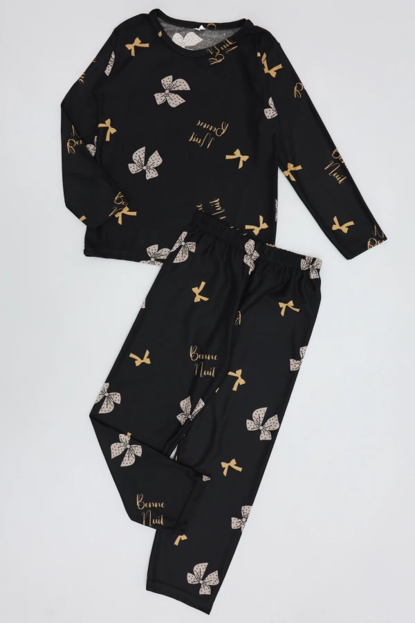 5-12 Yaş Süet Çocuk Pijama Takımı Siyah 2