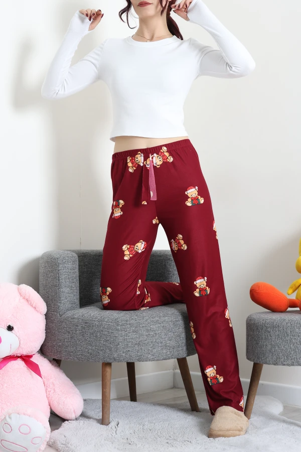 Desenli Süet Pijama Altı Bordoayı 4