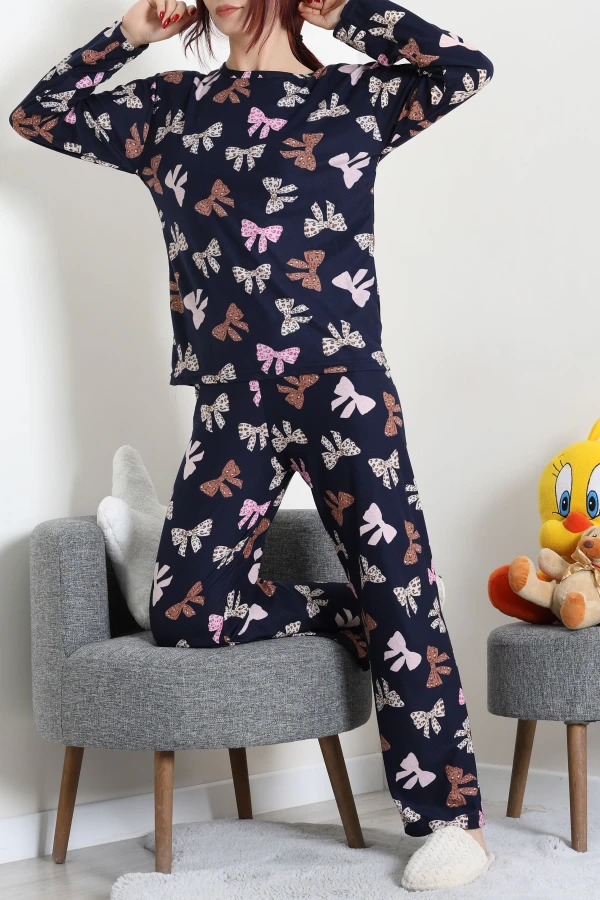 Süet Alt Üst Aynı Pijama Takımı Lacivertpembe 3