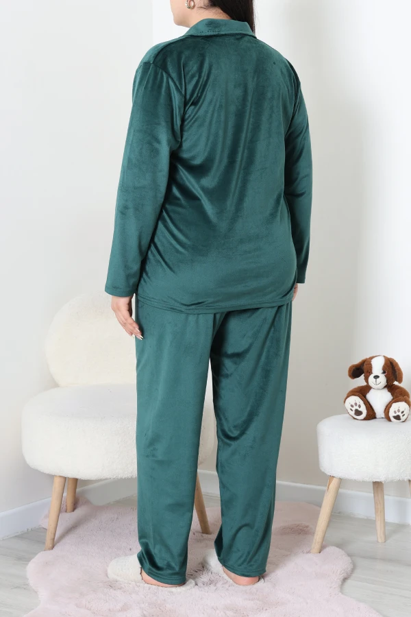 Fransız Kadife Büyük Beden Düğmeli Pijama Takımı Zümrüt 7