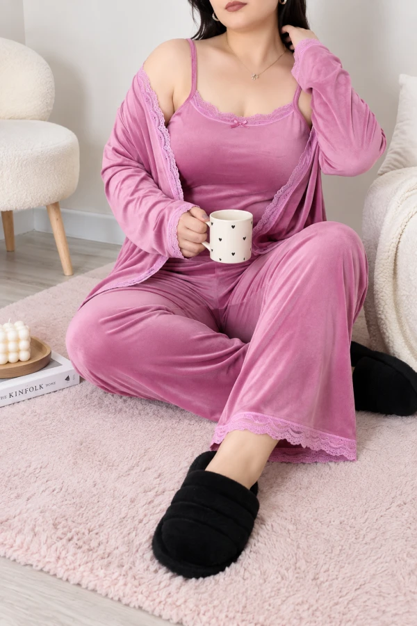 Fransız Kadife Büyük Beden 3'Lü Pijama Seti Gülkurusu