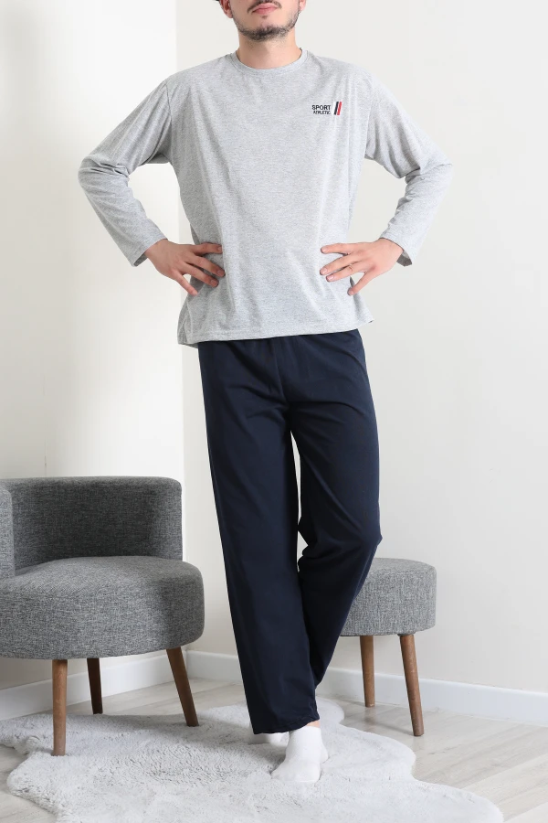 Süprem Nakışlı Erkek Pijama Takımı Gri 2