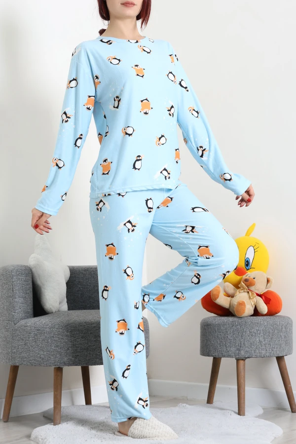 Süet Alt Üst Aynı Pijama Takımı Açıkmavi 6