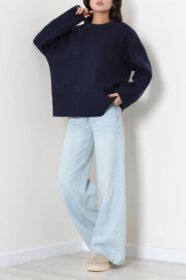 Düşük Kol Oversize Triko Kazak Lacivert 6