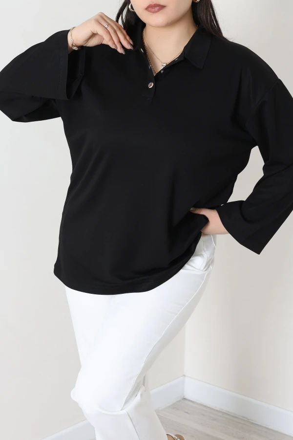 Çıtçıtlı Polo Yaka Büyük Beden Modal Bluz Siyah 5