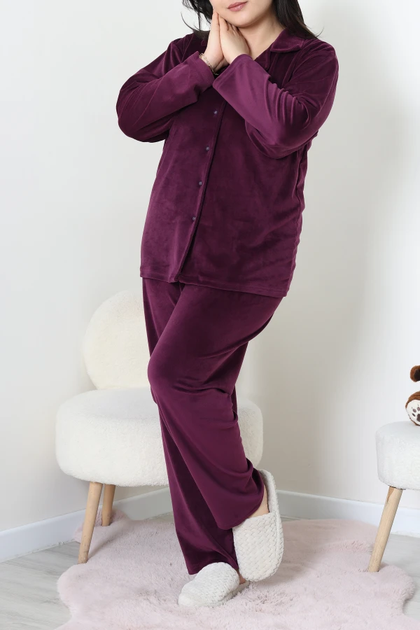 Fransız Kadife Büyük Beden Düğmeli Pijama Takımı Mor 6