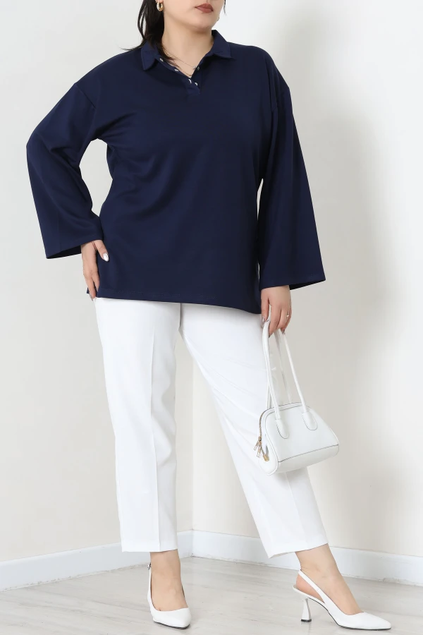 Çıtçıtlı Polo Yaka Büyük Beden Modal Bluz Lacivert 4