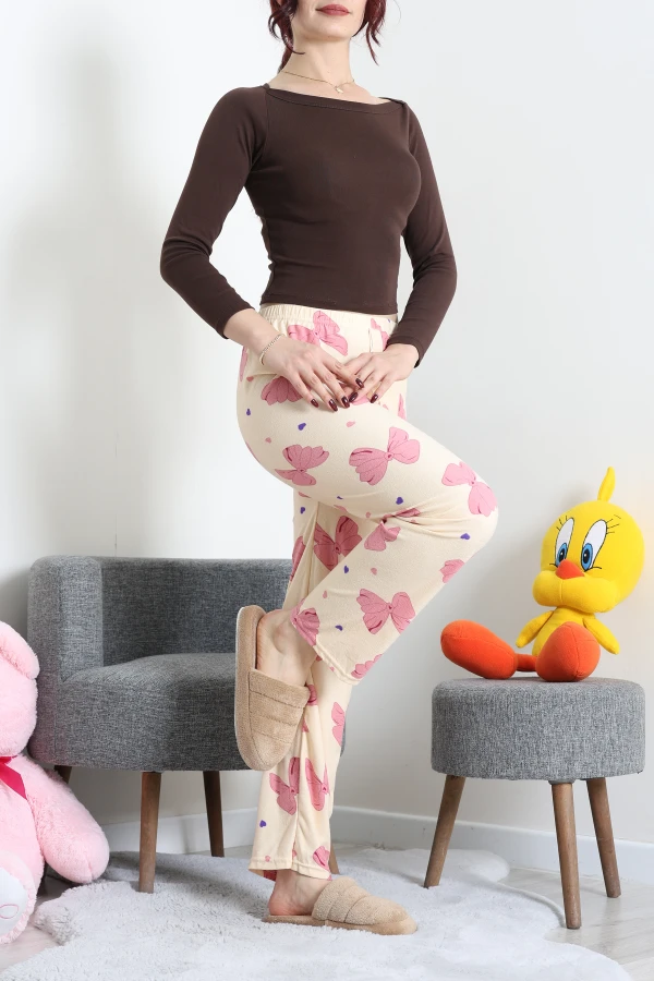 Desenli Süet Pijama Altı Bej 5