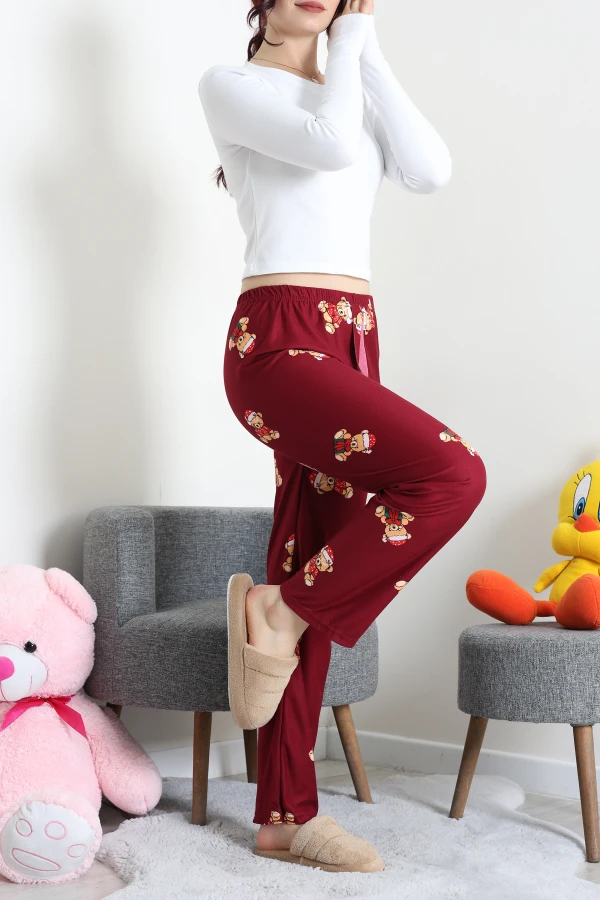 Desenli Süet Pijama Altı Bordoayı 6