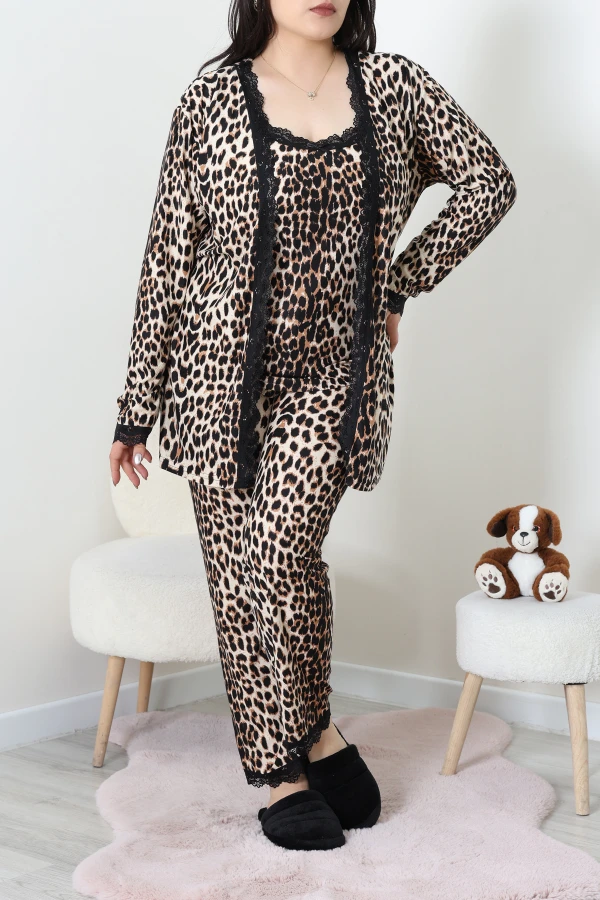 Süet Büyük Beden 3'Lü Pijama Seti Leopar 6