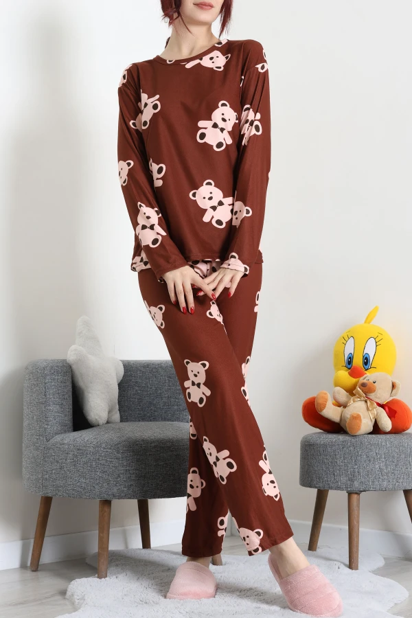 Süet Alt Üst Aynı Pijama Takımı Kahve 6