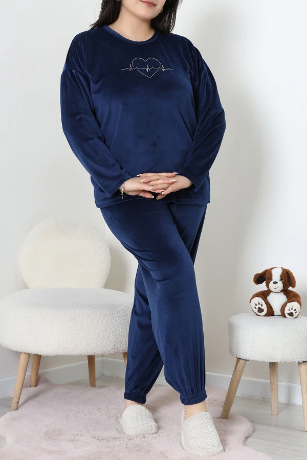 Fransız Kadife Büyük Beden Pijama Takımı Lacivert 4