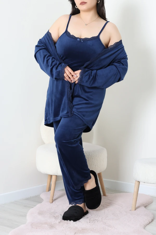 Fransız Kadife Büyük Beden 3'Lü Pijama Seti Lacivert 2