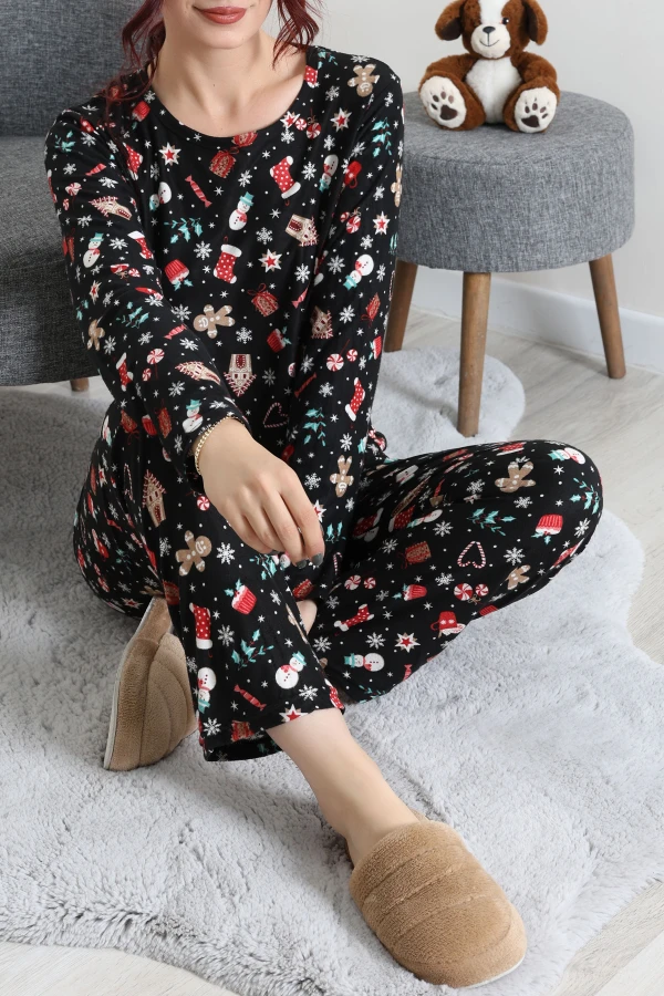 Süet Alt Üst Aynı Pijama Takımı Siyahkırmızı 3