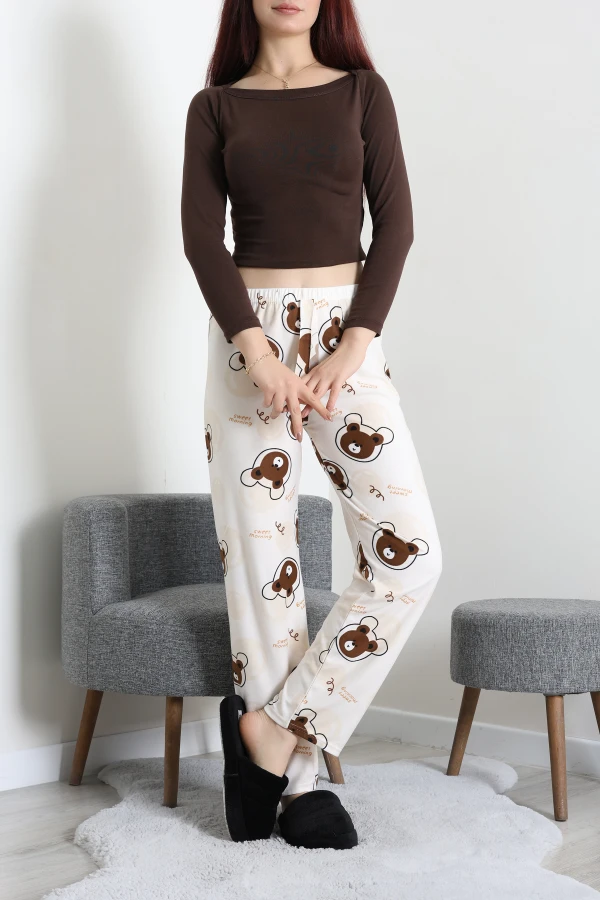 Desenli Süet Pijama Altı Kahverengi 2