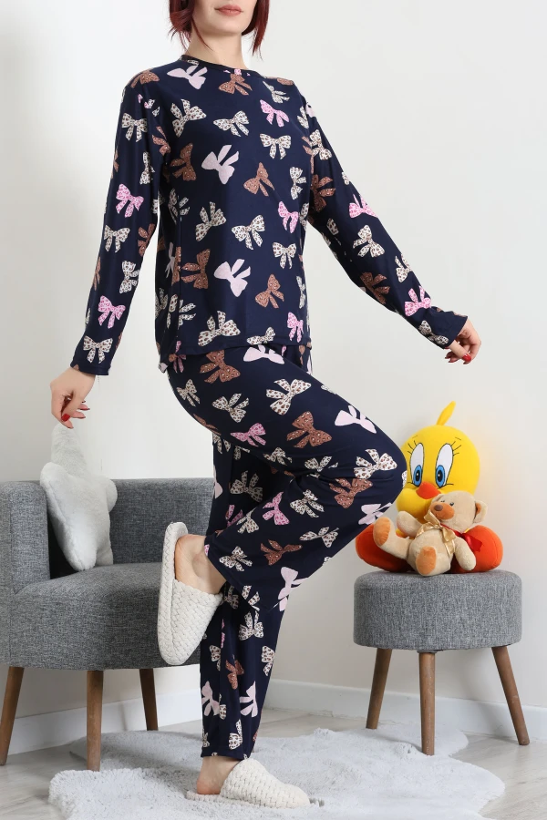 Süet Alt Üst Aynı Pijama Takımı Lacivertpembe 5