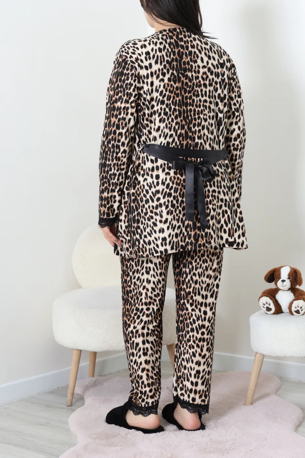 Süet Büyük Beden 3'Lü Pijama Seti Leopar 8