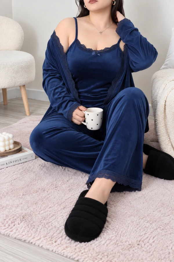 Fransız Kadife Büyük Beden 3'Lü Pijama Seti Lacivert