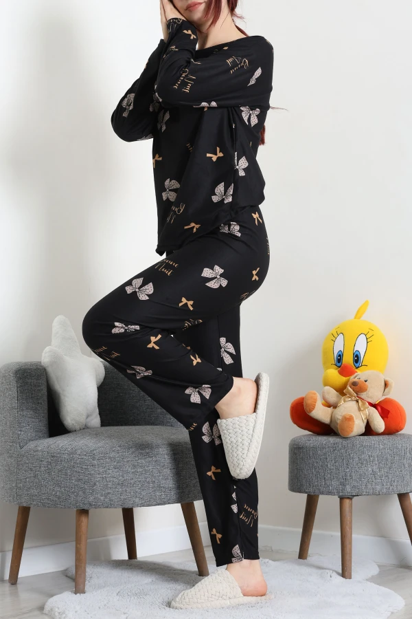 Süet Alt Üst Aynı Pijama Takımı Siyahbej 6