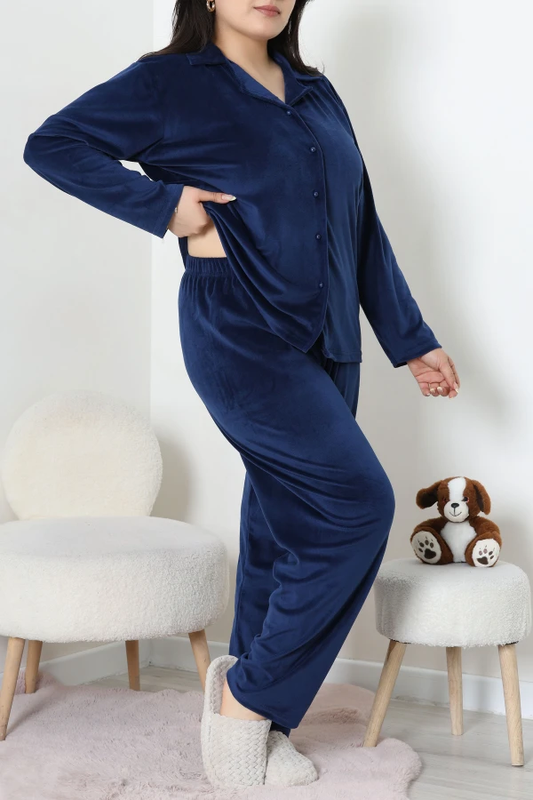 Fransız Kadife Büyük Beden Düğmeli Pijama Takımı Lacivert 4