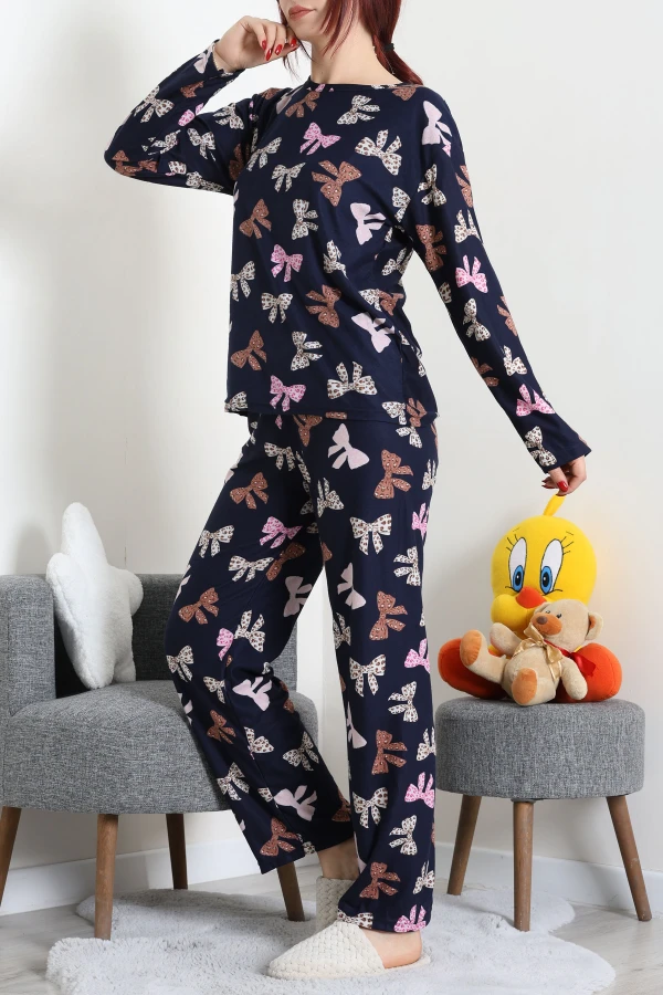 Süet Alt Üst Aynı Pijama Takımı Lacivertpembe 6