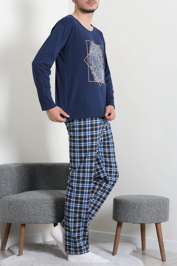 Süprem Ekoseli Uzun Kollu Erkek Pijama Takımı Lacimavi 3