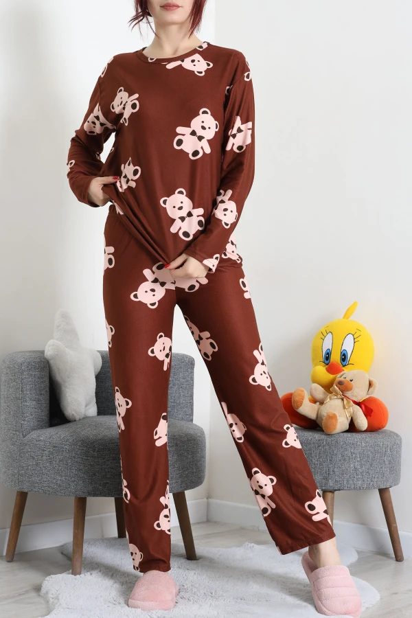 Süet Alt Üst Aynı Pijama Takımı Kahve 3