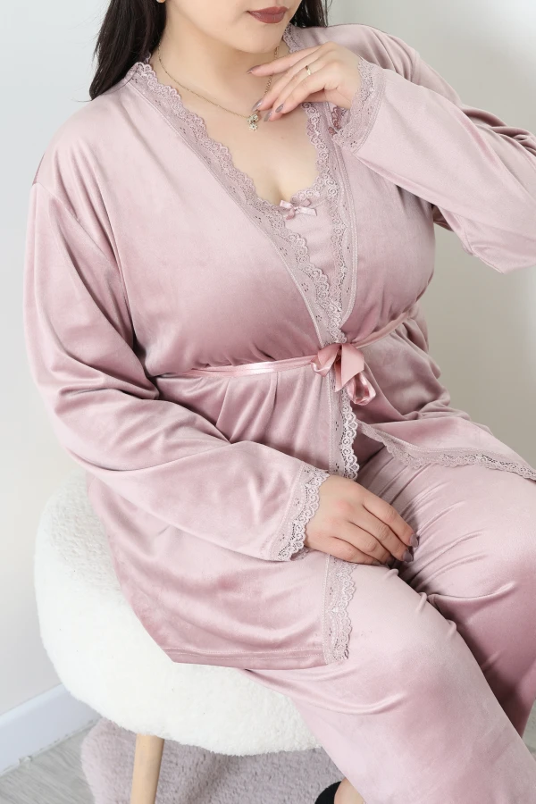 Fransız Kadife Büyük Beden 3'Lü Pijama Seti Pudra 5