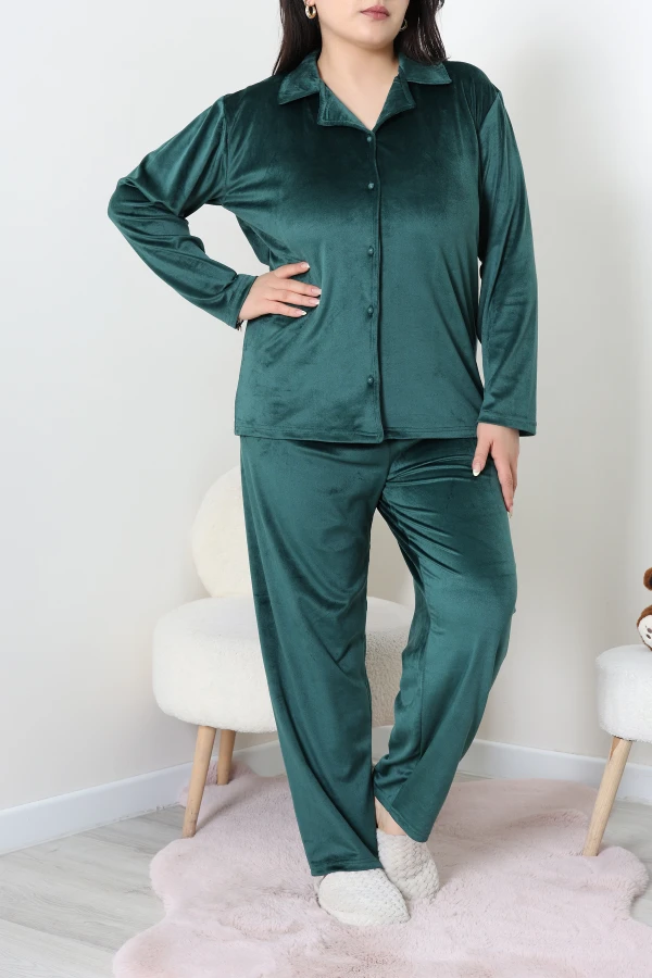 Fransız Kadife Büyük Beden Düğmeli Pijama Takımı Zümrüt 2