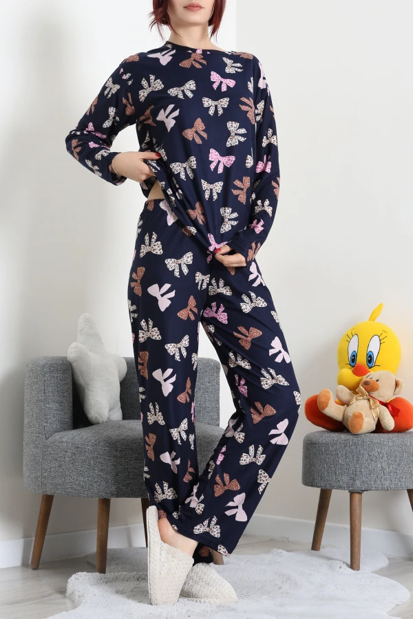 Süet Alt Üst Aynı Pijama Takımı Lacivertpembe 2