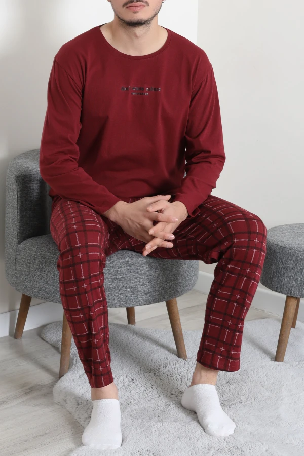 Süprem Ekoseli Baskılı Erkek Pijama Takımı Bordo 4