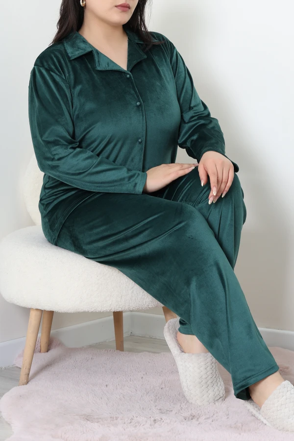 Fransız Kadife Büyük Beden Düğmeli Pijama Takımı Zümrüt 4