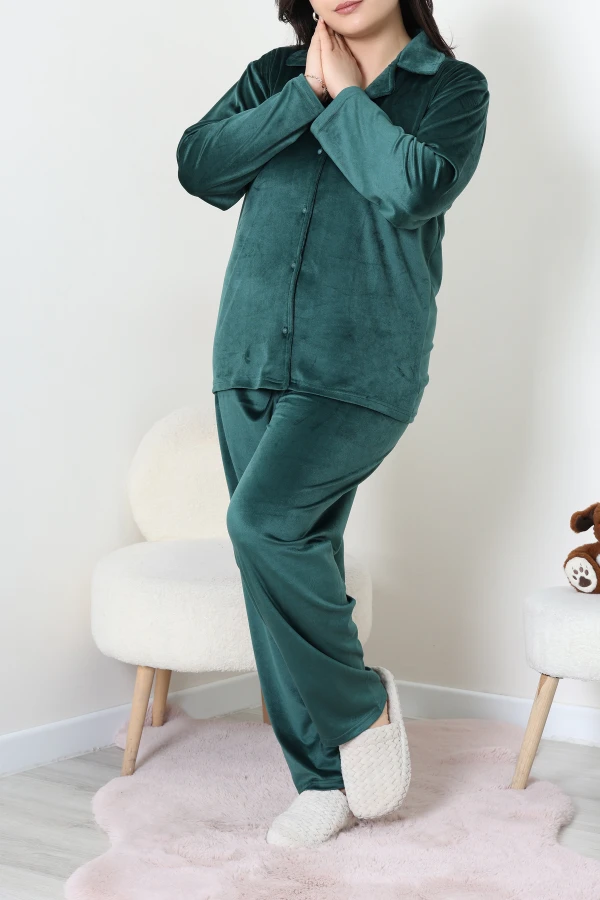 Fransız Kadife Büyük Beden Düğmeli Pijama Takımı Zümrüt 6