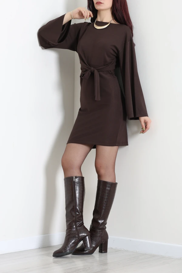 Kayık Yaka Kimono Kol Bağlamalı Modal Elbise Acıkahve 5
