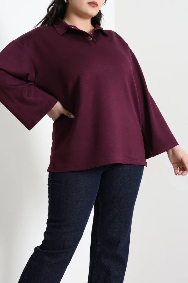 Çıtçıtlı Polo Yaka Büyük Beden Modal Bluz Mürdüm 3