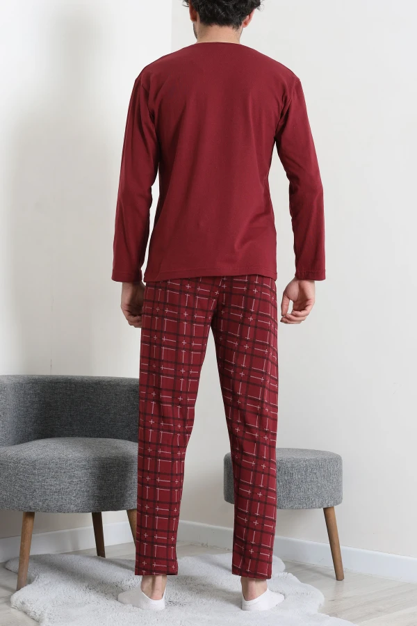 Süprem Ekoseli Baskılı Erkek Pijama Takımı Bordo 7