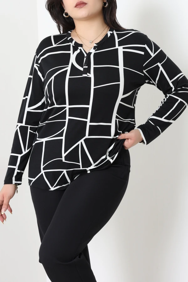 Desenli Yaka Düğmeli Viskon Bluz Siyahbeyaz 3