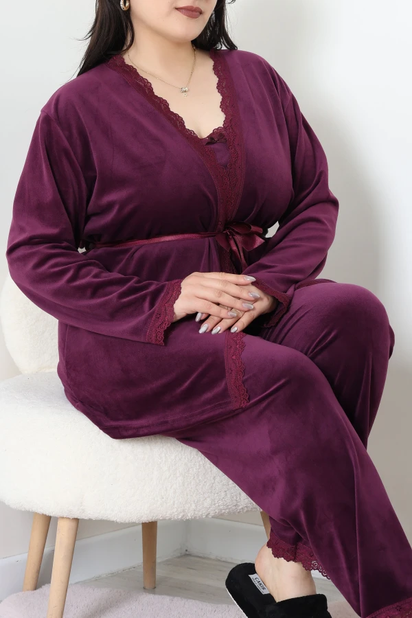 Fransız Kadife Büyük Beden 3'Lü Pijama Seti Mor 4