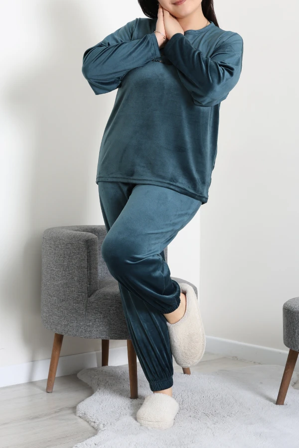Fransız Kadife Büyük Beden Pijama Takımı Petrol 5