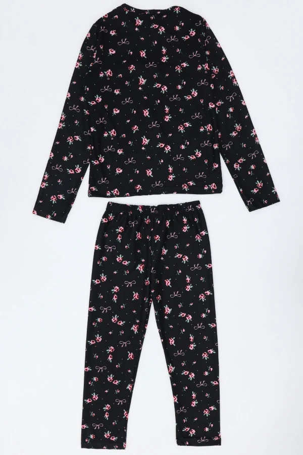 5-12 Yaş Süet Alt Üst Aynı Pijama Takımı Siyahçiçekli 7