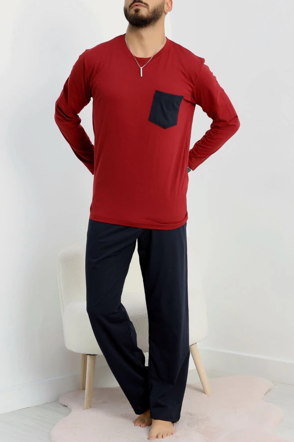 Cep Detay Süprem Erkek Pijama Takımı Bordo 2