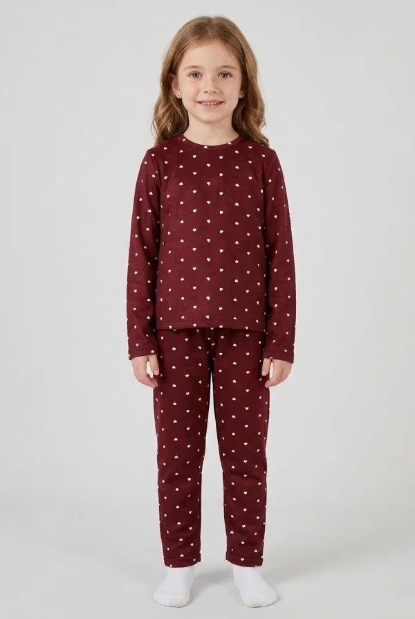 5-12 Yaş Süet Alt Üst Aynı Pijama Takımı Bordo