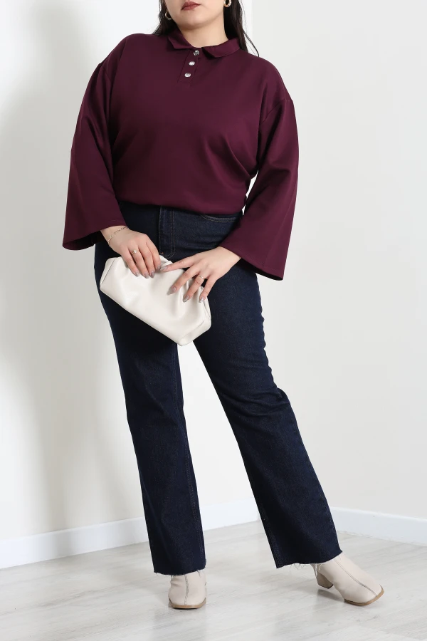 Çıtçıtlı Polo Yaka Büyük Beden Modal Bluz Mürdüm 2