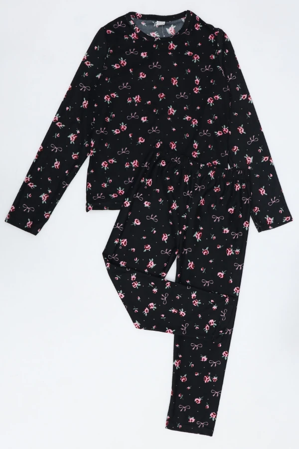 5-12 Yaş Süet Alt Üst Aynı Pijama Takımı Siyahçiçekli 4