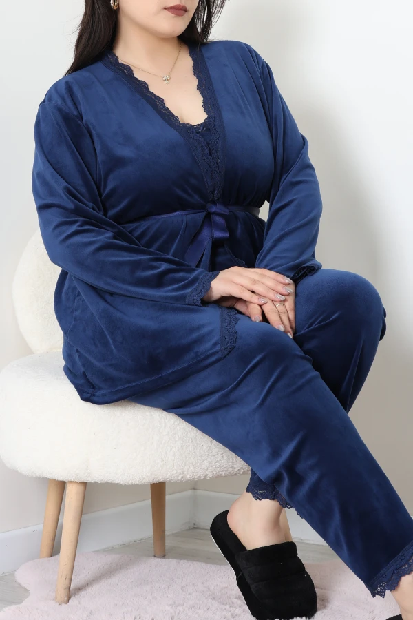 Fransız Kadife Büyük Beden 3'Lü Pijama Seti Lacivert 4