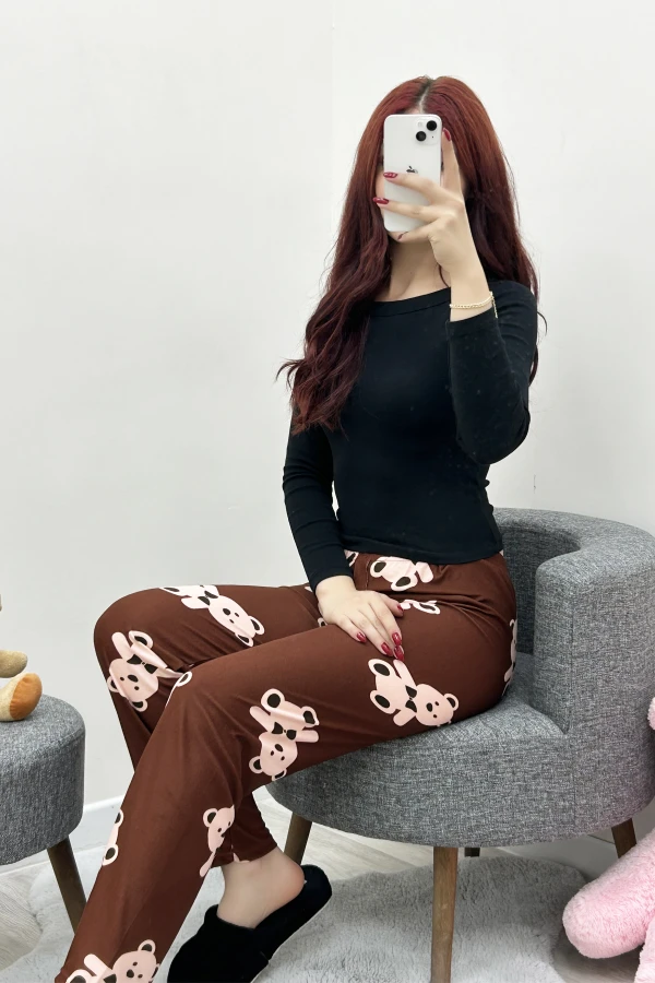 Desenli Süet Pijama Altı Kahve 5