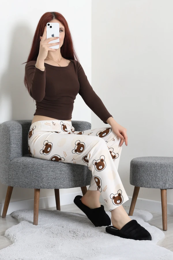 Desenli Süet Pijama Altı Kahverengi 6